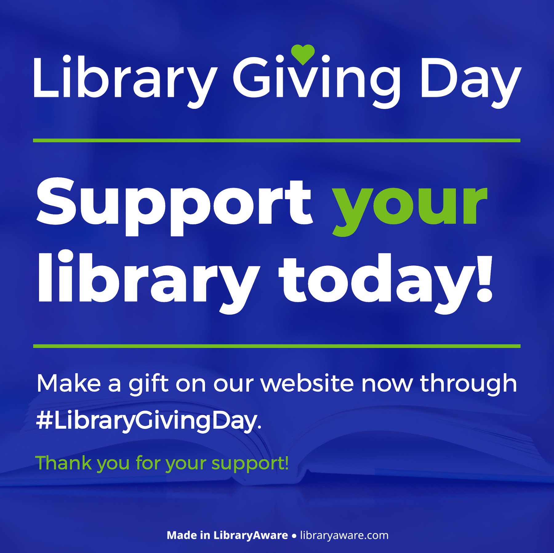 Library Giving Day graphic blue white and green