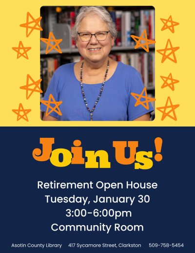 Head shot of Mary Neuman in front of books with text reading Retirement Open House details