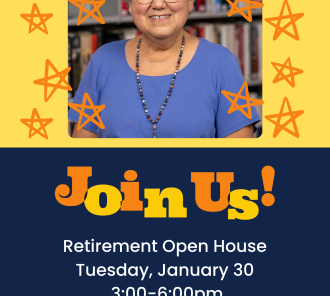 Head shot of Mary Neuman in front of books with text reading Retirement Open House details