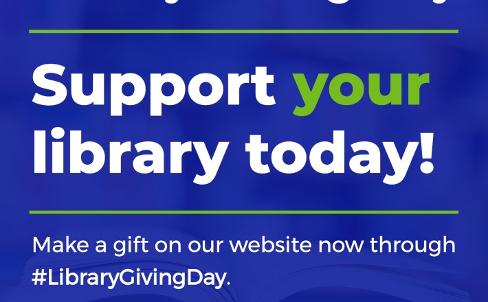 Library Giving Day graphic with blue white and green 