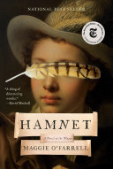 Hamnet book cover with Old English portrait of a boy with feather across his eyes.