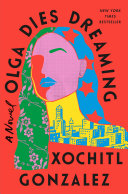 Olga Dies Dreaming red book cover with colorful graphic for a women's head. 