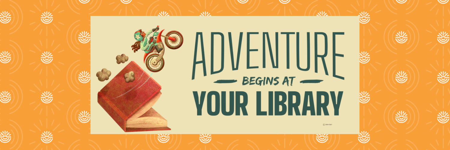 Adventure begins at your library book and motorcycle image