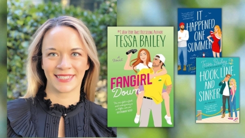 Photo of Tessa Bailey with three book covers