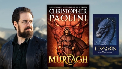 Headshot of author Paolini with two book images