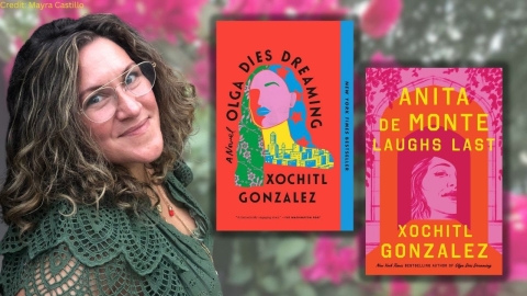 Author image with her two colorful book covers