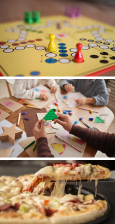 three pictures in a vertical stack of board game, craft, and pizza