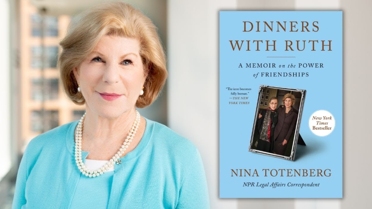 Headshot of Nina Totenberg in blue dress and blue book cover "Dinners with Ruth"