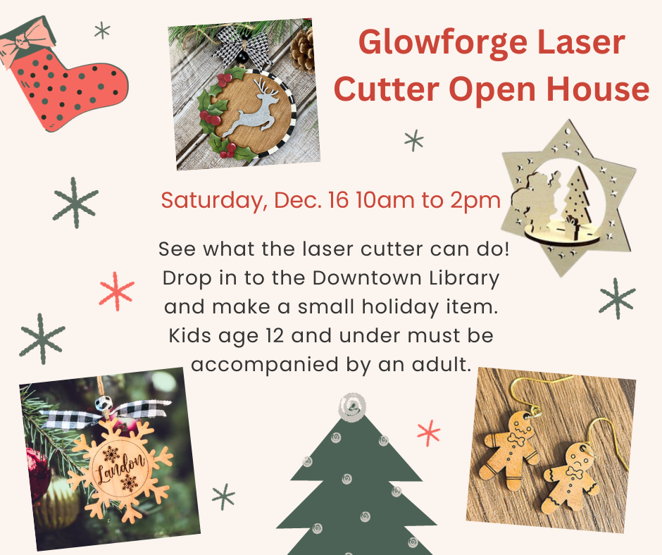 Glowforge Laser Cutter Open house flyer with photos of various laser cutter projects