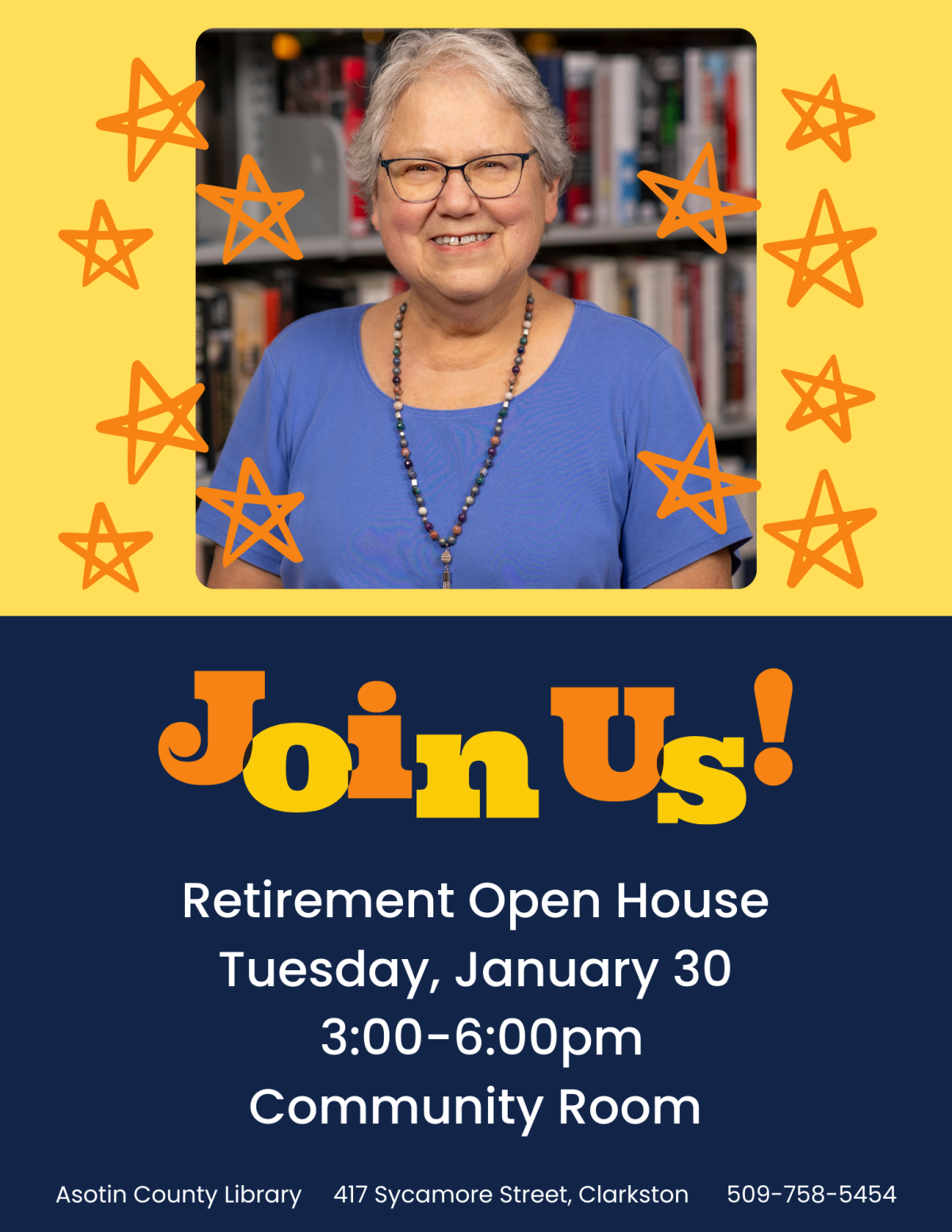 Headshot of Mary Neuman in blue shirt with text about retirement open house