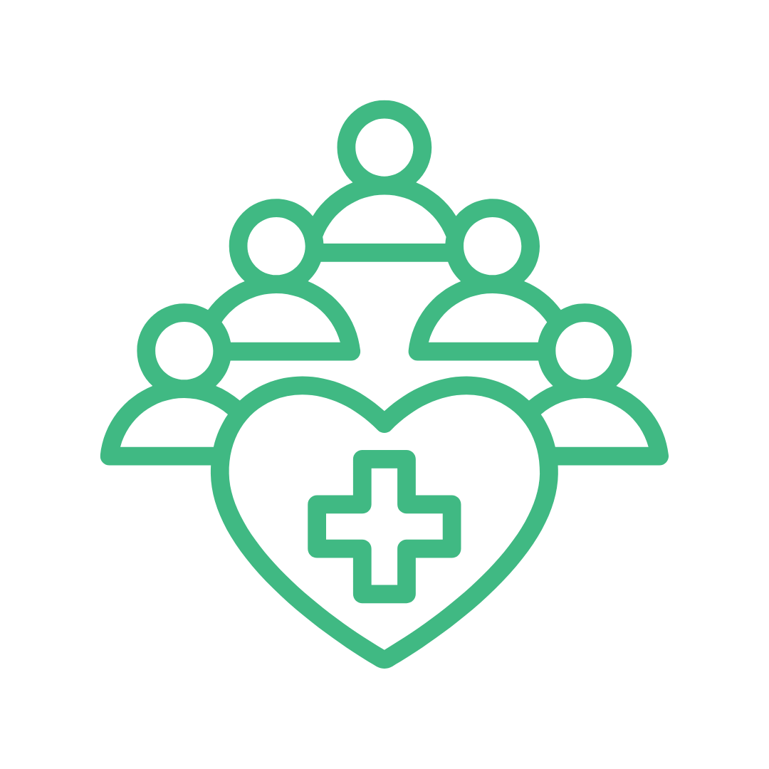 green silhouettes of 5 people and heart shape with medical plus sign